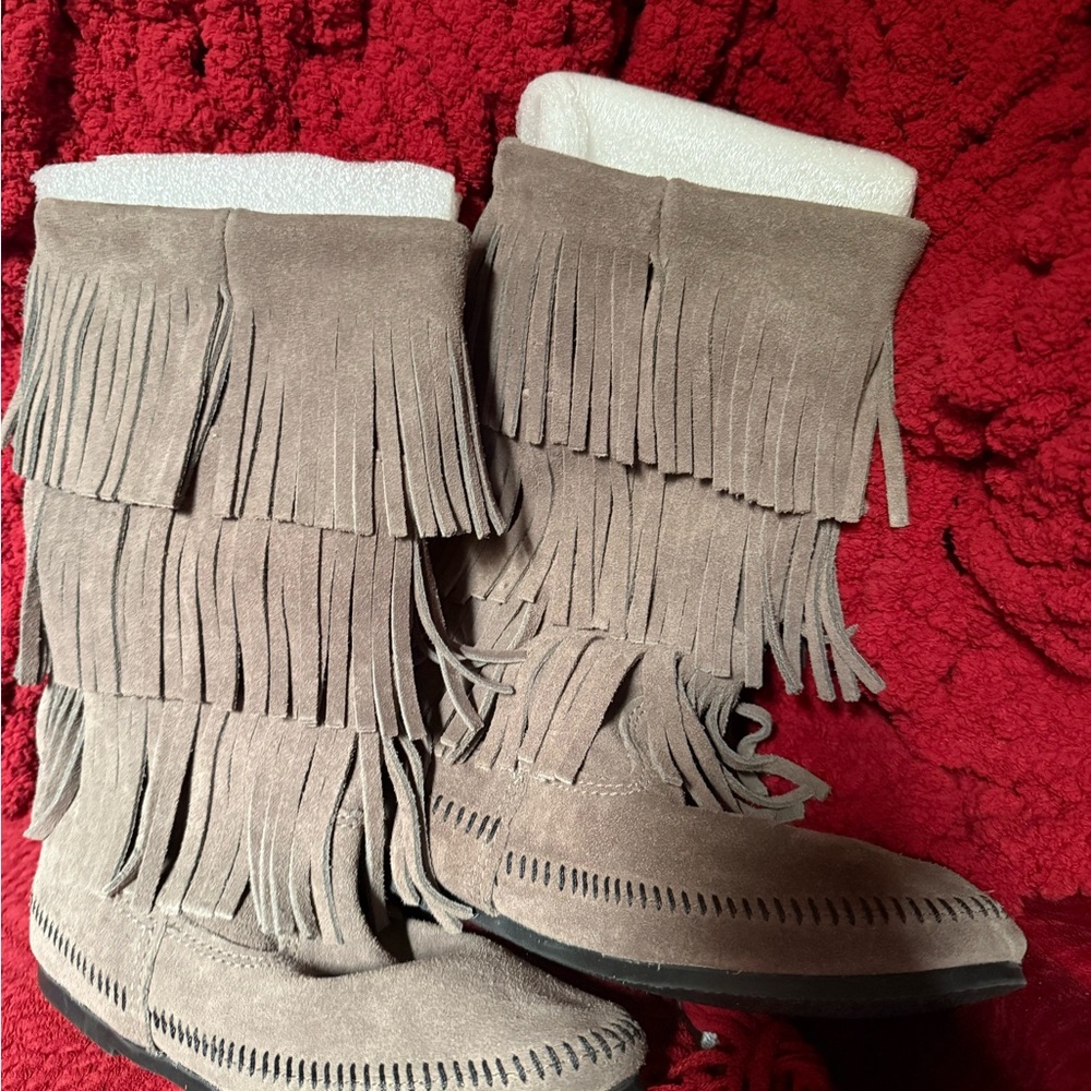 Minnetonka Fringe Moccasin Boots - Taupe